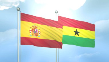 İspanya ve Gana 'nın 3D Bayrağı Mavi Gökyüzünde Güneş Işığıyla