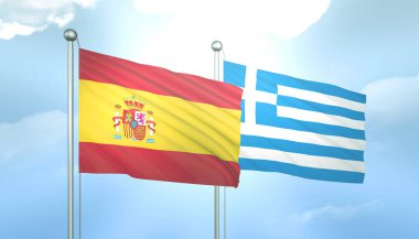 İspanya ve Yunanistan 'ın 3D Bayrağı Mavi Gökyüzünde Güneş Işığıyla