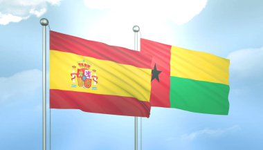 İspanya 'nın 3D Bayrağı ve Mavi Gökyüzünde Güneş Işığıyla Gine Bissau