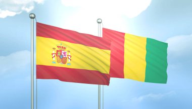 İspanya 'nın 3D Bayrağı ve Mavi Gökte Güneş Işığıyla Gine