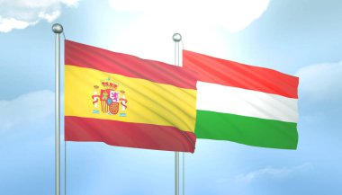 İspanya ve Macaristan 'ın 3D Bayrağı Mavi Gökyüzünde Güneş Işığıyla