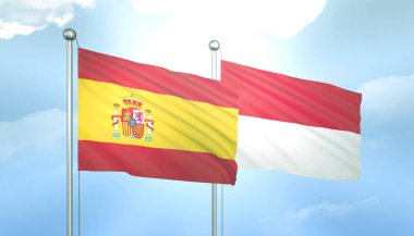 İspanya 'nın 3D Bayrağı ve Endonezya Mavi Gökyüzünde Güneş Işığıyla