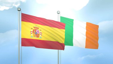 İspanya ve İrlanda 'nın 3D Bayrağı Mavi Gökte Güneş Işığıyla