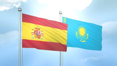 İspanya ve Kazakistan 'ın 3D Bayrağı Mavi Gökyüzünde Güneş Işığıyla