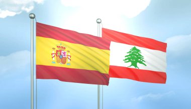 İspanya 'nın 3D Bayrağı ve Lübnan Mavi Gökyüzünde Güneş Işığıyla