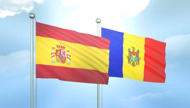 İspanya ve Moldova 'nın 3D Bayrağı Mavi Gökyüzünde Güneş Işığıyla