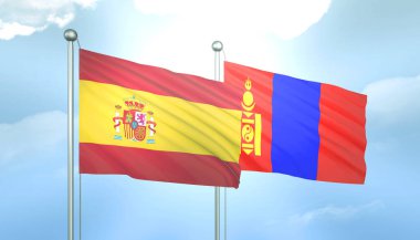 İspanya ve Moğolistan 'ın 3D Bayrağı Mavi Gökyüzünde Güneş Işığıyla