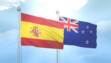 İspanya ve Yeni Zelanda 'nın 3D Bayrağı Mavi Gökyüzünde Güneş Işığıyla