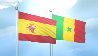 İspanya 'nın 3D Bayrağı ve Senegal Mavi Gökte Güneş Işığıyla