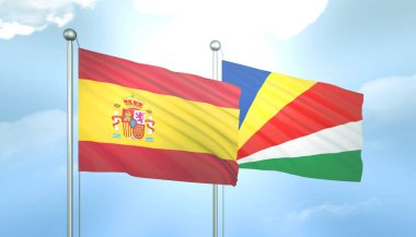 İspanya 'nın 3D Bayrağı ve Mavi Gökyüzünde Seyşelsiz Güneş Işığıyla