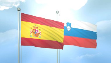 İspanya ve Slovenya 'nın 3D Bayrağı Mavi Gökyüzünde Güneş Işığıyla