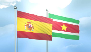 İspanya 'nın 3D Bayrağı ve Mavi Gökyüzünde Güneş Işığıyla Surinam