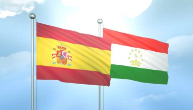İspanya ve Tacikistan 'ın 3D Bayrağı Mavi Gökyüzünde Güneş Işığıyla