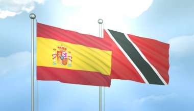 İspanya 'nın 3D Bayrağı ve Trinidad Tobago Mavi Gökyüzünde Güneş Işığıyla
