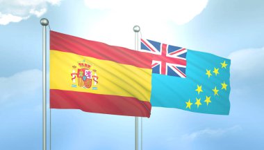 İspanya ve Tuvalu 'nun 3D Bayrağı Mavi Gökyüzünde Güneş Işığıyla