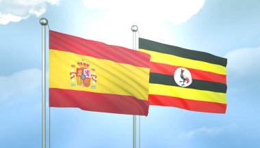İspanya 'nın 3D Bayrağı ve Mavi Gökyüzünde Güneş Işığıyla Uganda