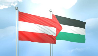 Filistin ve Avusturya 'nın 3D Bayrağı Mavi Gökyüzünde Güneş Işığıyla