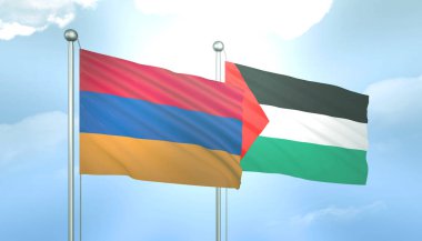 Mavi Gökte Güneş Işığıyla 3D Filistin ve Ermenistan Bayrağı