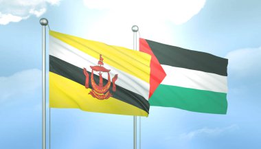 Filistin 'in 3D Bayrağı ve Brunei Mavi Gökyüzünde Güneş Işığıyla