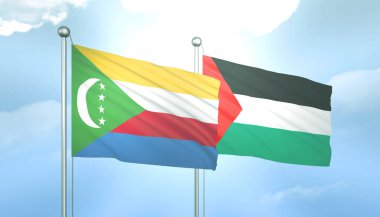 Mavi Gökte Güneş Işığıyla 3 Boyutlu Filistin ve Komoros Bayrağı