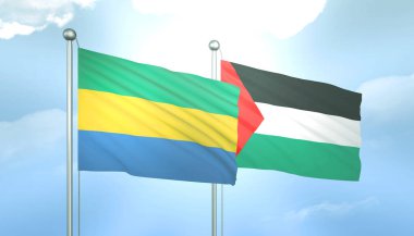 Filistin 'in 3D Bayrağı ve Gabon Mavi Gökyüzünde Güneş Işığıyla