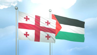 Filistin ve Gürcistan 'ın 3D Bayrağı Mavi Gökte Güneş Işığıyla