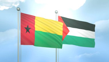 Mavi Gökte Güneş Işığıyla 3 Boyutlu Filistin ve Gine Bissau Bayrağı