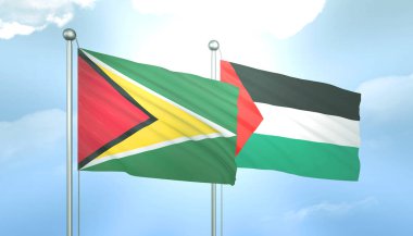 Filistin ve Guyana 'nın 3D Bayrağı Mavi Gökyüzünde Güneş Işığıyla