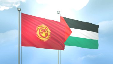 Filistin ve Kırgızistan 'ın 3D Bayrağı Mavi Gök' te Güneş Işığıyla