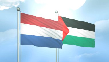 Filistin ve Hollanda 'nın 3D Bayrağı Mavi Gökte Güneş Işığıyla