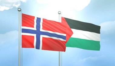 3D Filistin ve Norveç Bayrağı Mavi Gökyüzünde Güneş Işığıyla