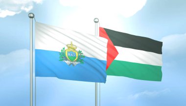 Filistin 'in 3D Bayrağı ve San Marino Mavi Gök' te Güneş Işığıyla