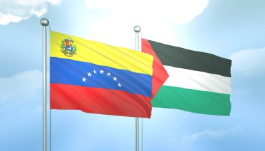 Filistin ve Venezuela 'nın 3D Bayrağı Mavi Gökyüzünde Güneş Işığıyla