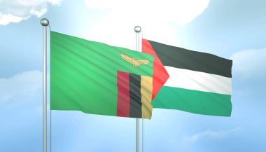 Filistin ve Zambiya 'nın 3D Bayrağı Mavi Gökyüzünde Güneş Işığıyla