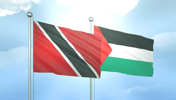 stock image 3D Flag of Palestine and Trinidad Tobago on Blue Sky with Sun Shine