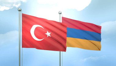 Türkiye ve Ermenistan 'ın 3D Bayrağı Mavi Gökyüzünde Güneş Işığıyla