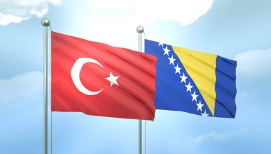 Türkiye ve Bosna 'nın 3D Bayrağı Mavi Gökyüzünde Güneş Işığıyla