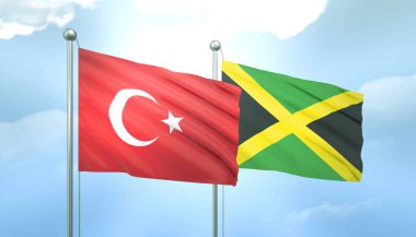 Türkiye ve Jamaika 'nın 3D Bayrağı Mavi Gökyüzünde Güneş Işığıyla