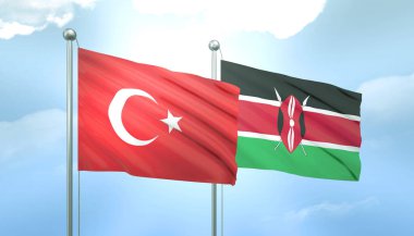 Türkiye 'nin 3D Bayrağı ve Kenya Mavi Gökyüzünde Güneş Işığıyla