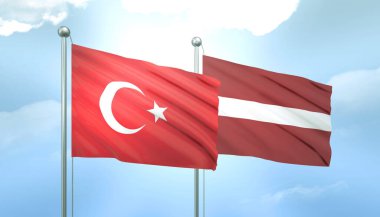 Türkiye ve Letonya 'nın 3D Bayrağı Mavi Gökyüzünde Güneş Işığıyla