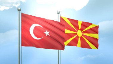 Türkiye ve Makedonya 'nın 3D Bayrağı Mavi Gökyüzünde Güneş Işığıyla