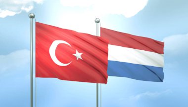 Türkiye ve Hollanda 'nın 3D Bayrağı Mavi Gökyüzünde Güneş Işığıyla
