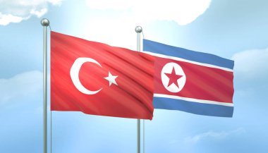 Türkiye ve Kuzey Kore 'nin 3D Bayrağı Mavi Gökyüzünde Güneş Işığıyla