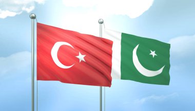 Türkiye ve Pakistan 'ın 3D Bayrağı Mavi Gökyüzünde Güneş Işığıyla
