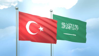 Türkiye ve Suudi Arabistan 'ın Mavi Gökyüzünde Güneş Işığı Altında 3D Bayrağı