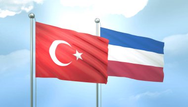 Türkiye, Sırbistan ve Karadağ 'ın 3D Bayrağı Mavi Gökyüzünde Güneş Işığıyla