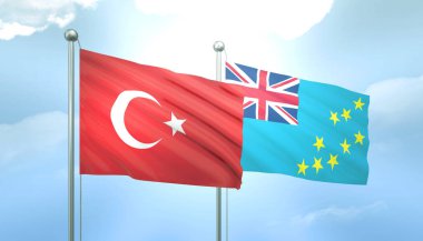 3D Türkiye ve Tuvalu Bayrağı Mavi Gökyüzünde Güneş Işığıyla