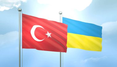 Türkiye ve Ukrayna 'nın 3D Bayrağı Mavi Gökyüzünde Güneş Işığıyla