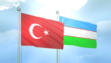 Türkiye ve Özbekistan 'ın 3D Bayrağı Mavi Gökyüzünde Güneş Işığıyla