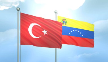 Türkiye 'nin 3D Bayrağı ve Venezuela Mavi Gökyüzünde Güneş Işığıyla